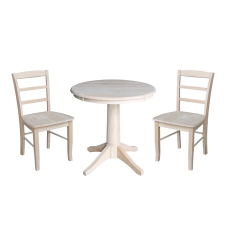 International Concepts Round 30 in Round Top Pedestal Table, with 2 Madrid Chairs, Unfinished, 30 in W, 30 in L, 29.9 in H K-30RT-27B-C2-2